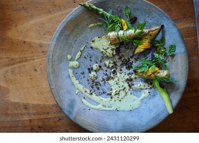 Asparagus and bamboo shoots, herb sauce appetizer, Tamba tachikui plate, Japan
