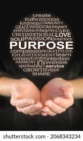 Aspects of Life's Purpose Word Cloud Circle Concept - female hands gently cupped with a round PURPOSE tag cloud floating above against a warm deep brown background 
