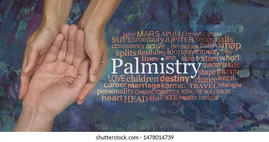 Aspects of Palmistry Word Tag Cloud - female Palm Reader's hands cupped around male client beside a PALMISTRY word cloud against a rustic grunge blue background 
 - Shutterstock ID 1478014739
