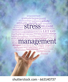 Aspects of Stress Management word bubble -  a hand held open with a red to blue graduated circular world cloud containing words relevant to stress management
 - Shutterstock ID 663140737