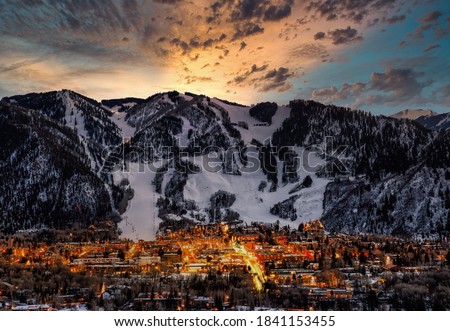 Aspen city skyline with dramatic sunset