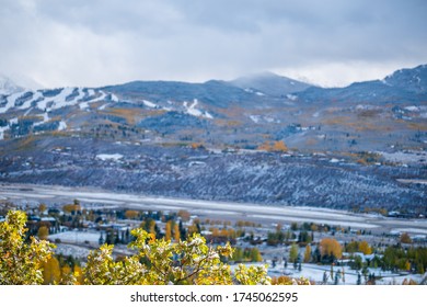 Aspen, Colorado Dark City In Rocky Mountains Roaring Fork Valley High Angle View Of Airport During Autumn Season And Snow In October 2019