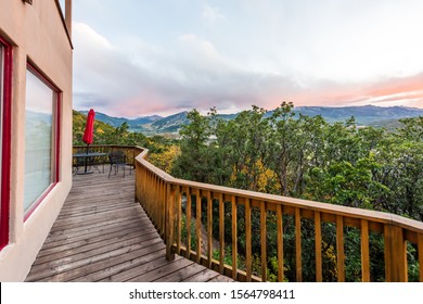 Aspen, Colorado House With Wooden Deck Railing On Balcony Terrace And Autumn Foliage In Roaring Fork Valley In 2019