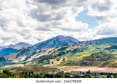 Aspen, Colorado Rocky Mountains Wide Angle View Of Storm Clouds And Small Airport Runway In Roaring Fork Valley