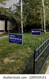 Aspen, Colorado - September 16th, 2022:  Campaign Signs For Colorado Candidates Jenna Griswold And Michael Bennet In A Residential Neighborhood In Downtown Aspen.  