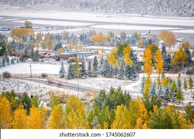 Aspen, Colorado Town In Rocky Mountains Roaring Fork Valley High Angle View Of Airport During Autumn Season And Snow In October 2019