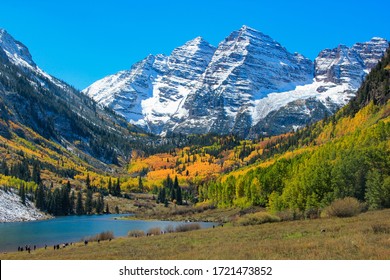 Aspen Colorful Autumun Under Snow Mountain With Lake