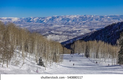 Aspen And Pine Trees Line The Slopes Of The Canyons, At The Park City Mountain Resort, Near Salt Lake City, Utah, Unites States, As Skiers Enjoy A Sunny Winter Day Skiing In Wasatch Mountain Range.