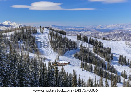 Aspen ski resort downhill runs from Ajax in the Colorado Rocky Mountains in winter