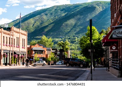 Aspen, USA - June 27, 2019: Town In Colorado With Retro Brick Architecture On South Galena Street Sunny Day