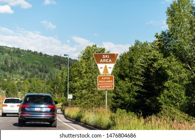 Aspen, USA - June 27, 2019: Highway 82 In Colorado With Sign For Ski Area At Aspen Highlands Ashcroft With Cars In Traffic