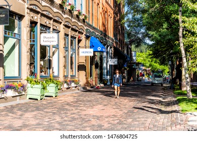 Aspen, USA - June 27, 2019: Town In Colorado With Pedestrian Mall In Luxury Expensive Famous City During Summer Day