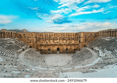 Aspendos, Antalya. Wide-angle panoramic view of the Roman Theater in Turkey, taken from the air with a drone.