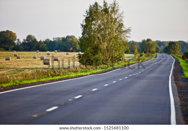 Asphalt empty country road leading into the\
distance through fields and forests. Modern countryside roads\
infrastructure. Countryside transportation road system. Perspective\
road view. Motorway\
system