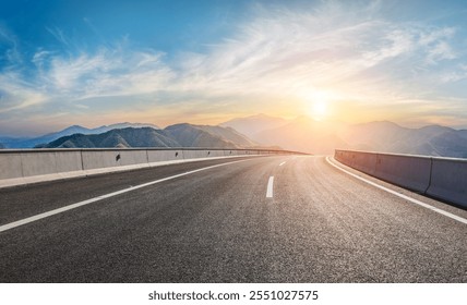 Asphalt highway road and green mountain with sky clouds at sunset. Outdoor road background.
