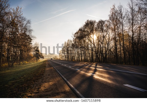 Asphalt intercity road\
into the distance on an autumn morning. The rays of the sun shine\
through the trees.