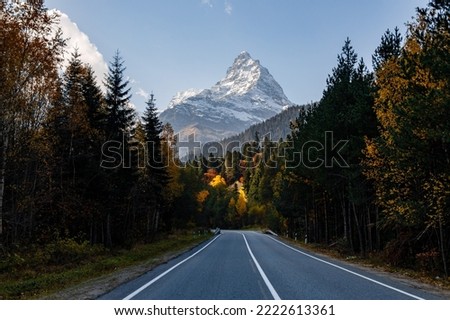 Asphalt road in the autumn forest against the backdrop of a snow-covered mountain