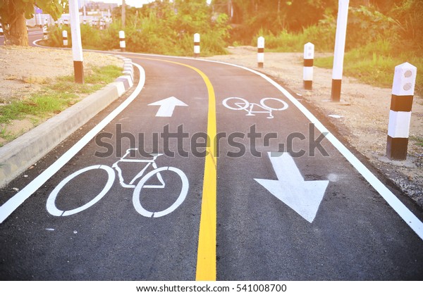 Asphalt road
with cycle track and bike
sign.

