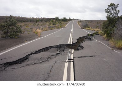 Asphalt road damaged by the volcanic eruption of Kīlauea and caldera collapse with subsequent earthquakes in Hawaii Volcanoes National Park on the Big Island.