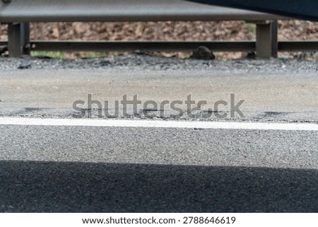 Asphalt road featuring a solid white lane line and tactile rumble strips, bordered by a metal guardrail and blurred natural foliage in the background, representing road safety and infrastructure.