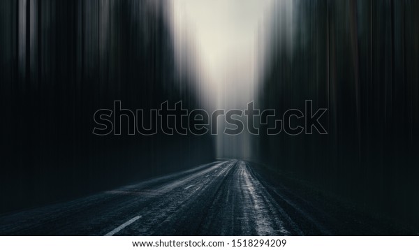 asphalt road in a gloomy surreal forest.\
highway in a gloomy eerie\
landscape.