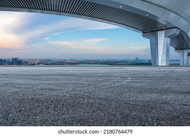 Asphalt Road Ground And City Skyline With Bridge Building In Suzhou, China. 