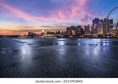 Asphalt road and modern city buildings scenery at night. car advertising background.