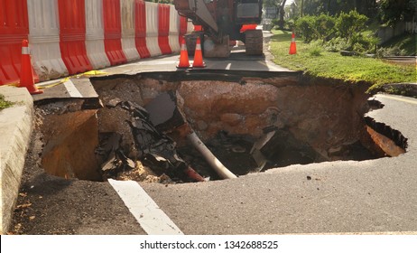 Asphalt Road Path Collapsed, Nature Cross Section Soil Underground With Green Grass, Cutaway Earth Ground Terrain Surface