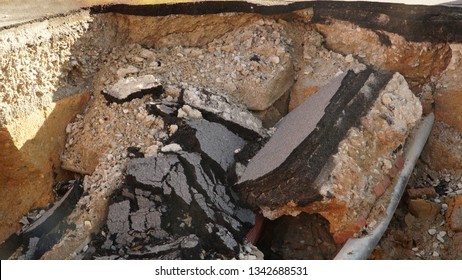 Asphalt Road Path Collapsed, Nature Cross Section Soil Underground With Green Grass, Cutaway Earth Ground Terrain Surface