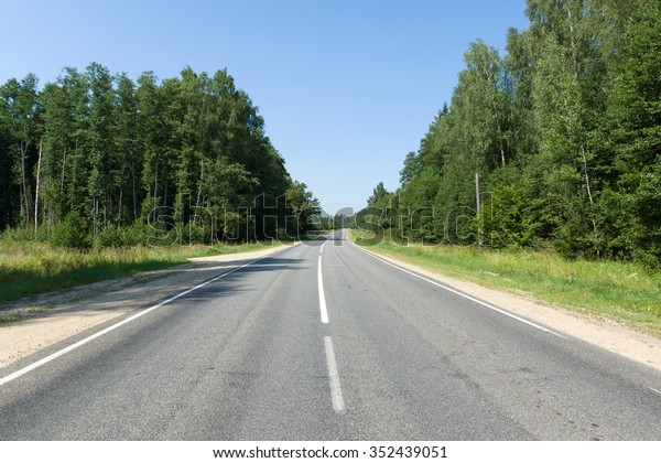 the asphalt road with a separating band lies among\
the wood