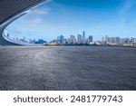 Asphalt road square and bridge with modern city buildings at night in Chongqing. car advertising background.