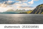 Asphalt road square and green mountain with sky clouds natural landscape at sunset. car background.