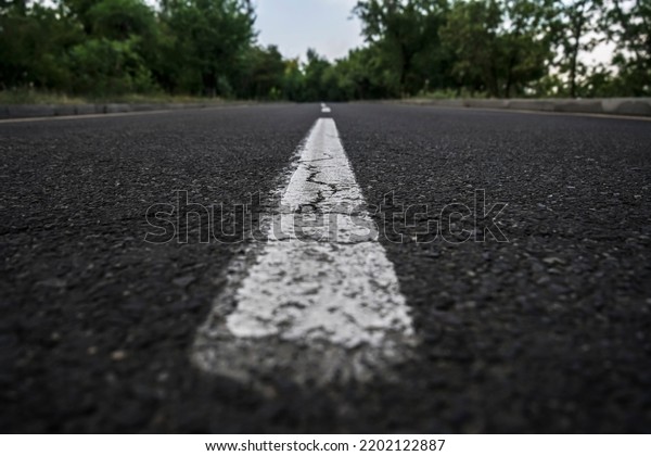Asphalt road texture background, black tarmac
surface with white marking stripes, Transport background. Dark
street texture detail.  dividing line - road marking. low angle
shooting. selective
focus