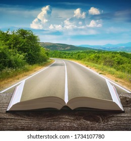 Asphalt road through the Crimea mountain valley on a pages of an open magical book. Travel and education concept.. - Powered by Shutterstock