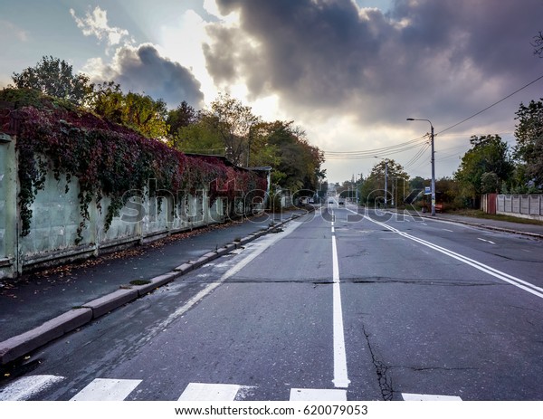 asphalt road\
with white lines as road marking between small houses, fences,\
parking cars and green trees against blue sunny sky with some white\
clouds. The asphalt road in the small\
town