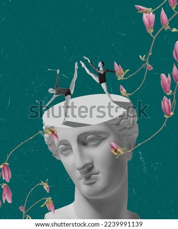 Aspiration. Ballet dancers on huge ancient statue head. Modern art design, contemporary collage. Inspiration, music, dance. Copy space for text or ad. Surrealism. Poster for exhibitions