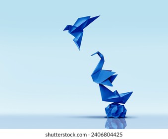 Aspiring for Greatness and Pursuing Excellence or climbing higher concept and advancing to new heights metaphor as blue origami paper sculptures as a personal development or business training.