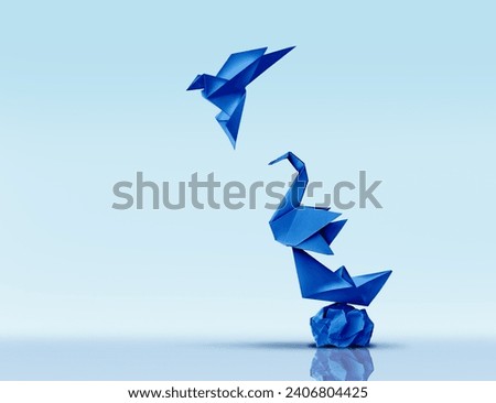 Aspiring for Greatness and Pursuing Excellence or climbing higher concept and advancing to new heights metaphor as blue origami paper sculptures as a personal development or business training.