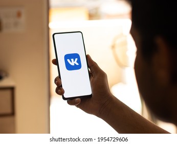 Assam, india - April 10, 2021 : VK logo on phone screen stock image.