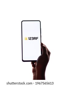 Assam, india - April 19, 2021 : 123RF logo on phone screen stock image.