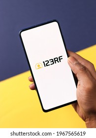 Assam, india - April 19, 2021 : 123RF logo on phone screen stock image.