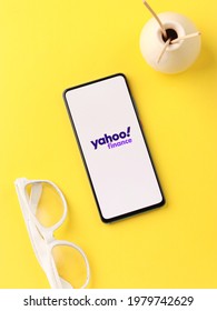 Assam, india - April 19, 2021 : Yahoo Finance logo on phone screen stock image.