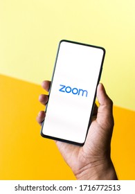 Assam, India - April 21, 2020 : Zoom Mobile App Logo - A Popular Video Conferencing Solution For Business Meetings.