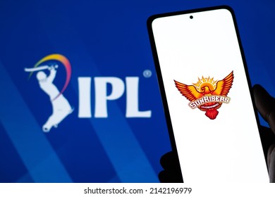 Assam, india - August 27, 2020 : Sunrisers Hyderabad logo on phone screen stock image.