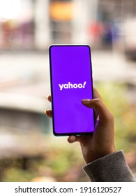 Assam, india - January 31, 2021 : Yahoo logo on phone screen stock image.