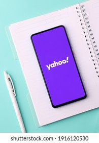 Assam, india - January 31, 2021 : Yahoo logo on phone screen stock image.