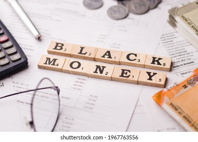 Assam, India - March 30, 2021 : Word BLACK MONEY Written On Wooden Cubes Stock Image.