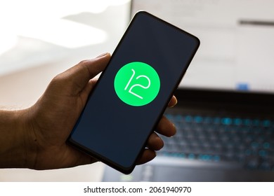 Assam, India - May 19, 2021 : Android 12 Logo On Phone Screen Stock Image.