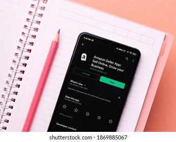 Assam, India - November 29, 2020 : Amazon Seller Logo On Phone Screen Stock Image.