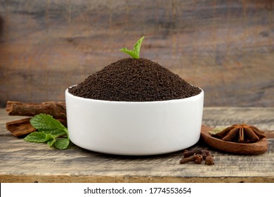 Assam Indian Black Tea (chai)  Patti Powder Served In White Bowl Mari Masala Tea.